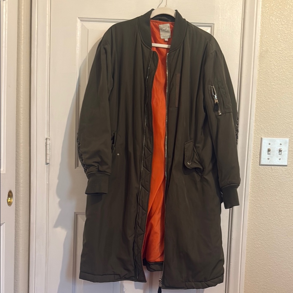 Women's Olive Green Long Jacket with Orange bbl Lining